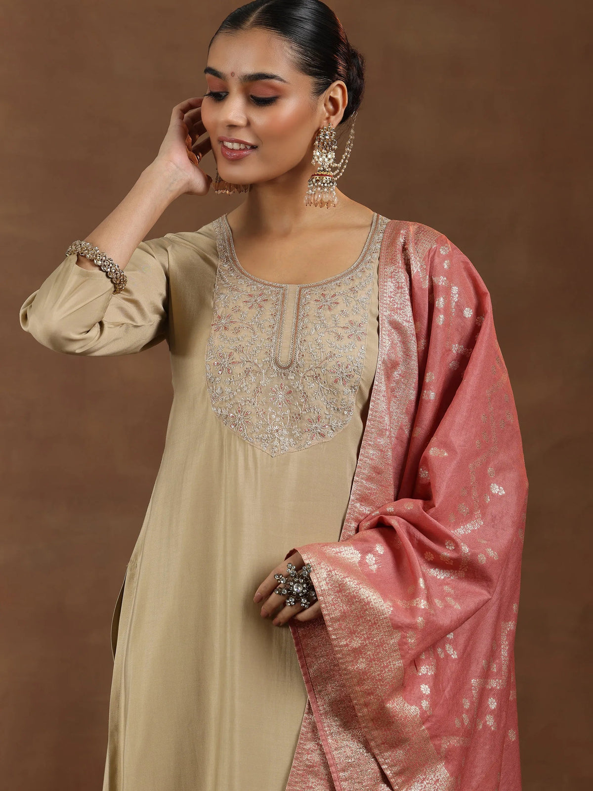 Anouk Beige Yoke Design Silk Blend Straight Suit With Dupatta