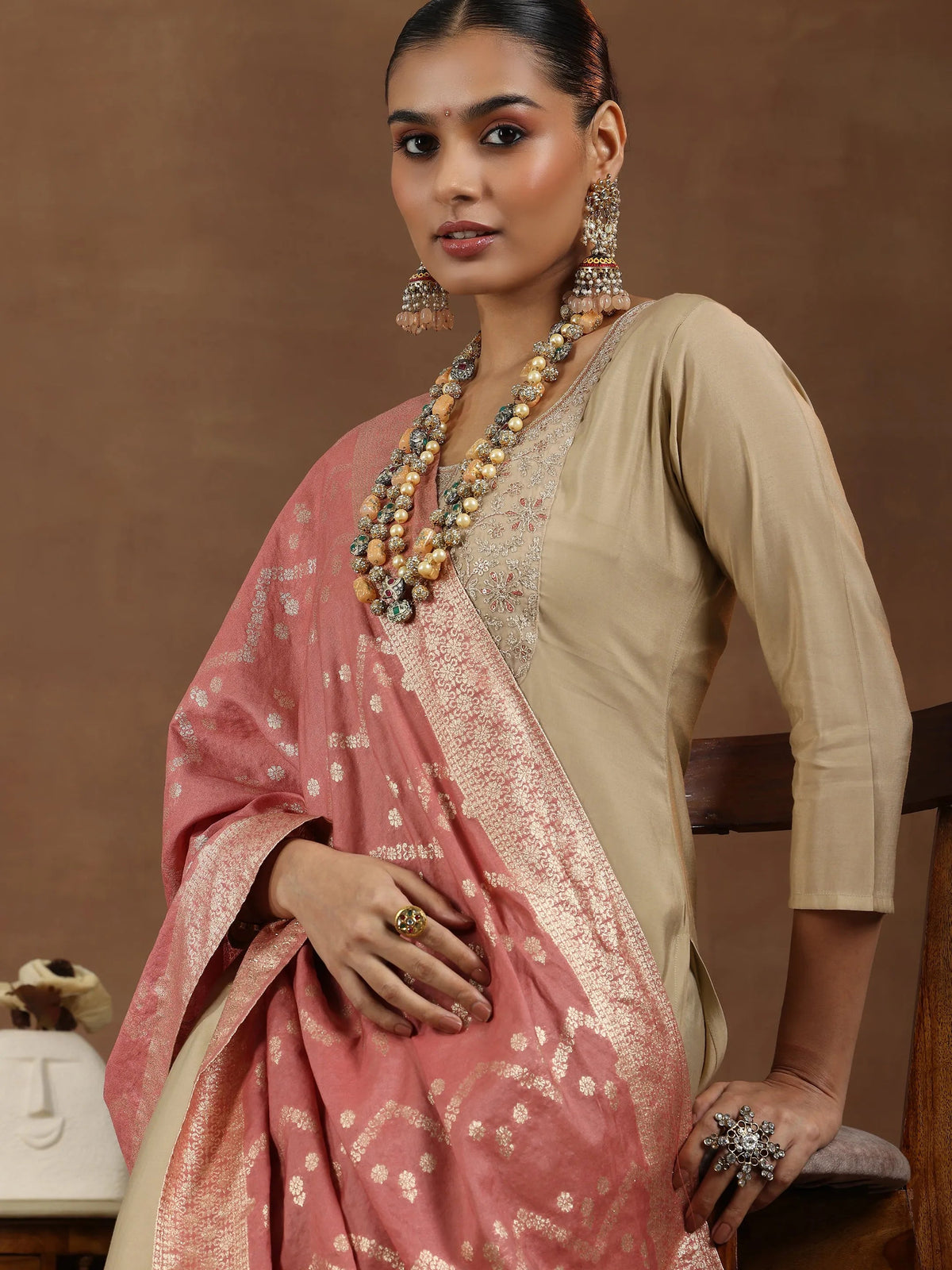 Anouk Beige Yoke Design Silk Blend Straight Suit With Dupatta