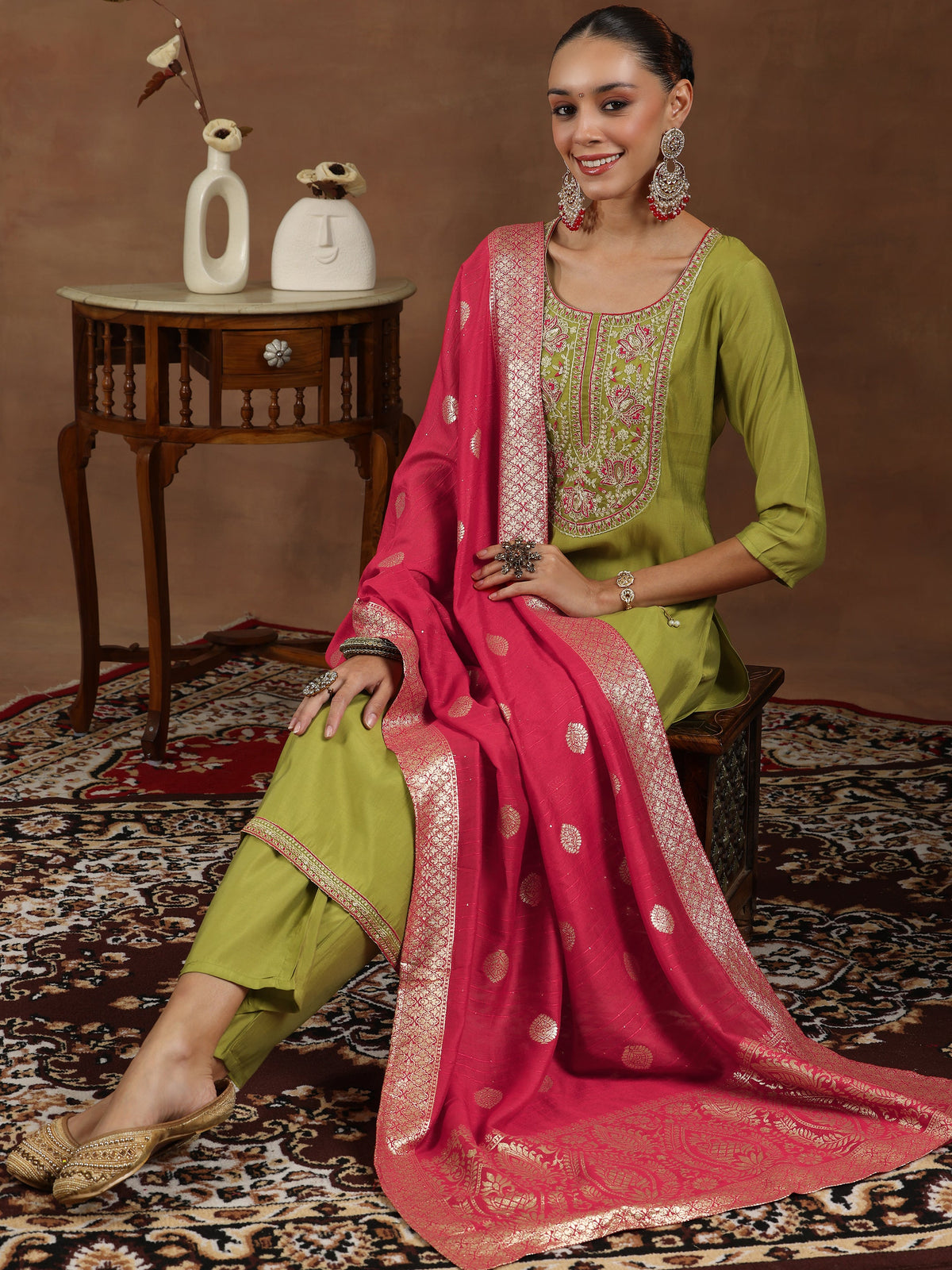 Anouk Green Yoke Design Silk Blend Straight Suit With Dupatta