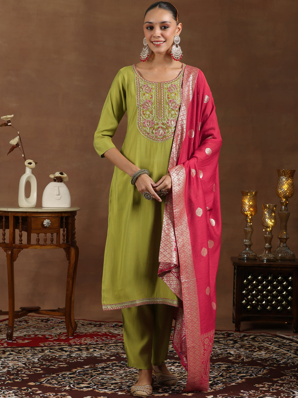 Anouk Green Yoke Design Silk Blend Straight Suit With Dupatta