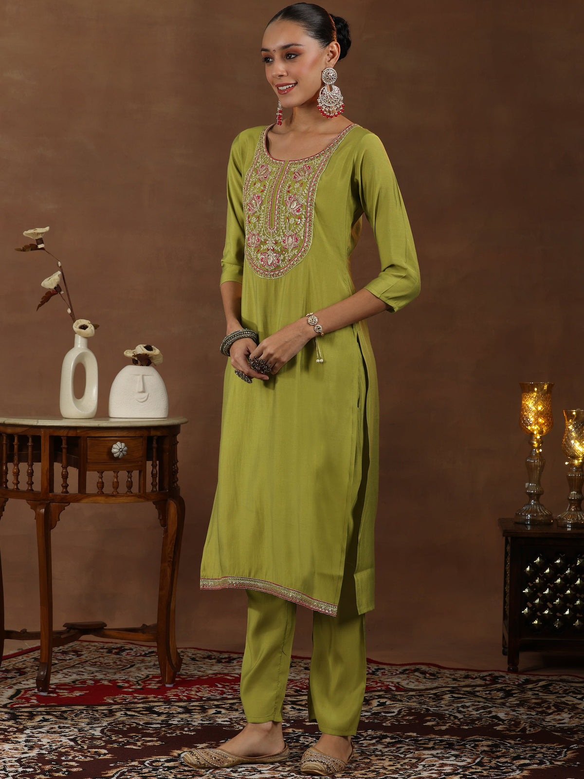 Anouk Green Yoke Design Silk Blend Straight Suit With Dupatta