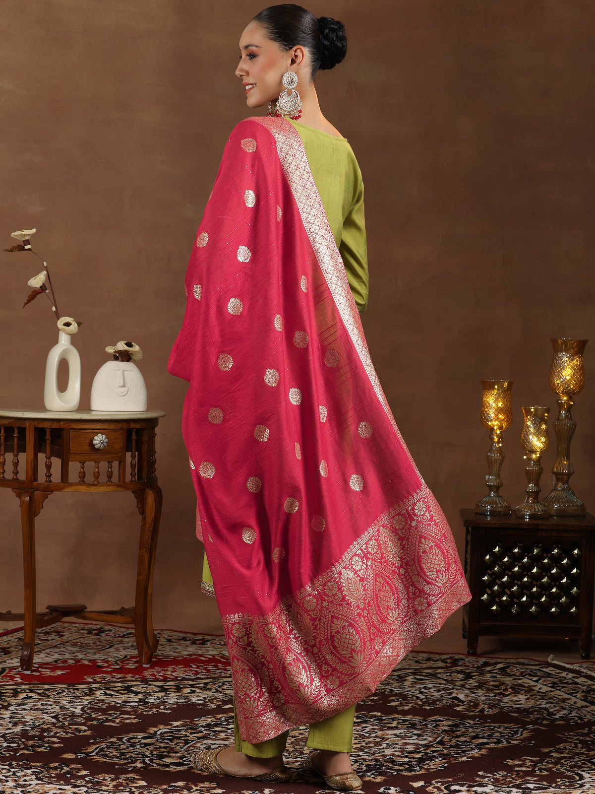 Anouk Green Yoke Design Silk Blend Straight Suit With Dupatta