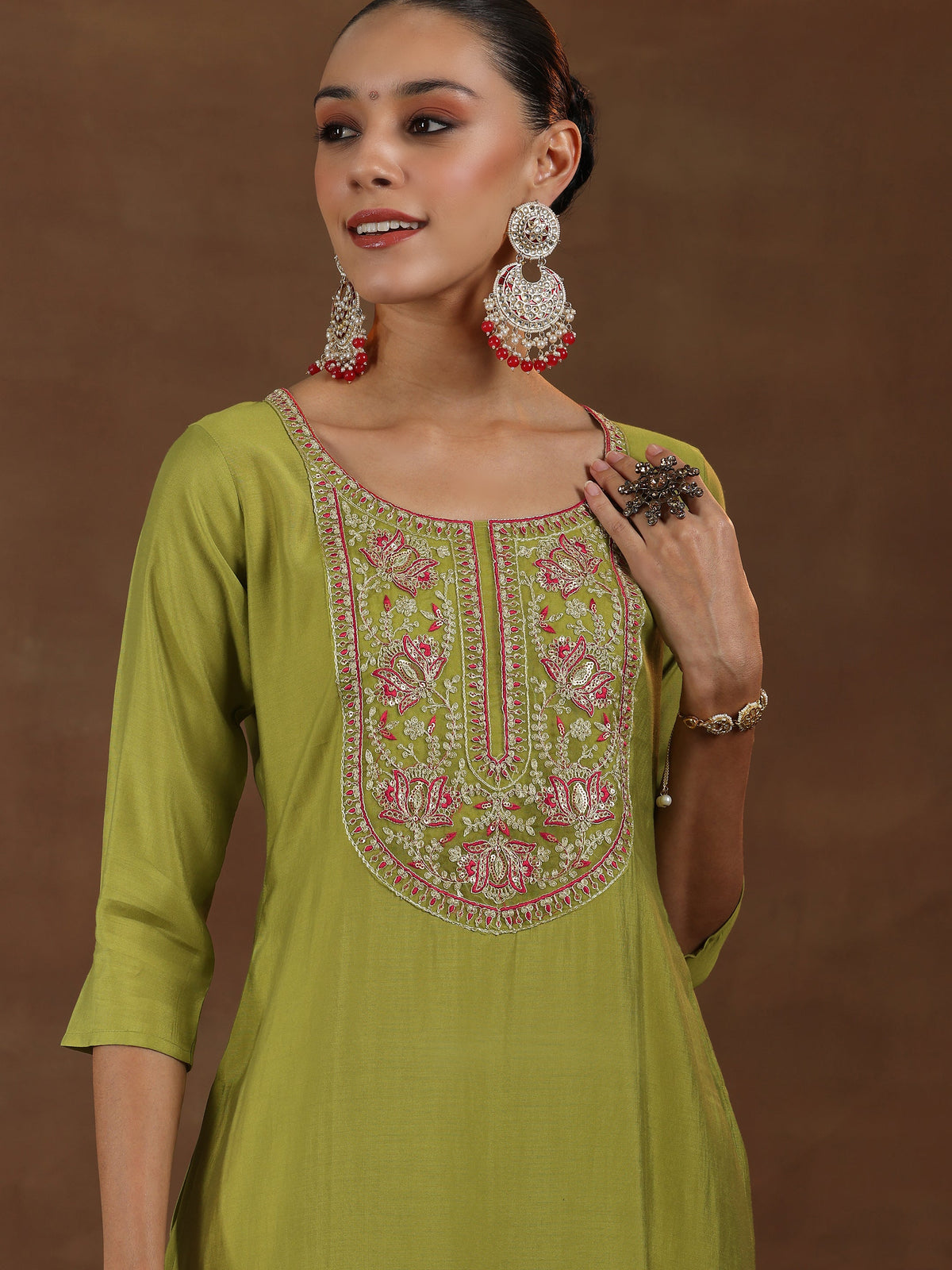 Anouk Green Yoke Design Silk Blend Straight Suit With Dupatta