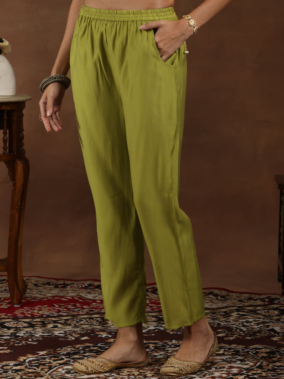 Anouk Green Yoke Design Silk Blend Straight Suit With Dupatta