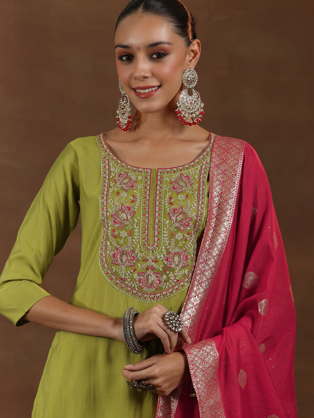 Anouk Green Yoke Design Silk Blend Straight Suit With Dupatta