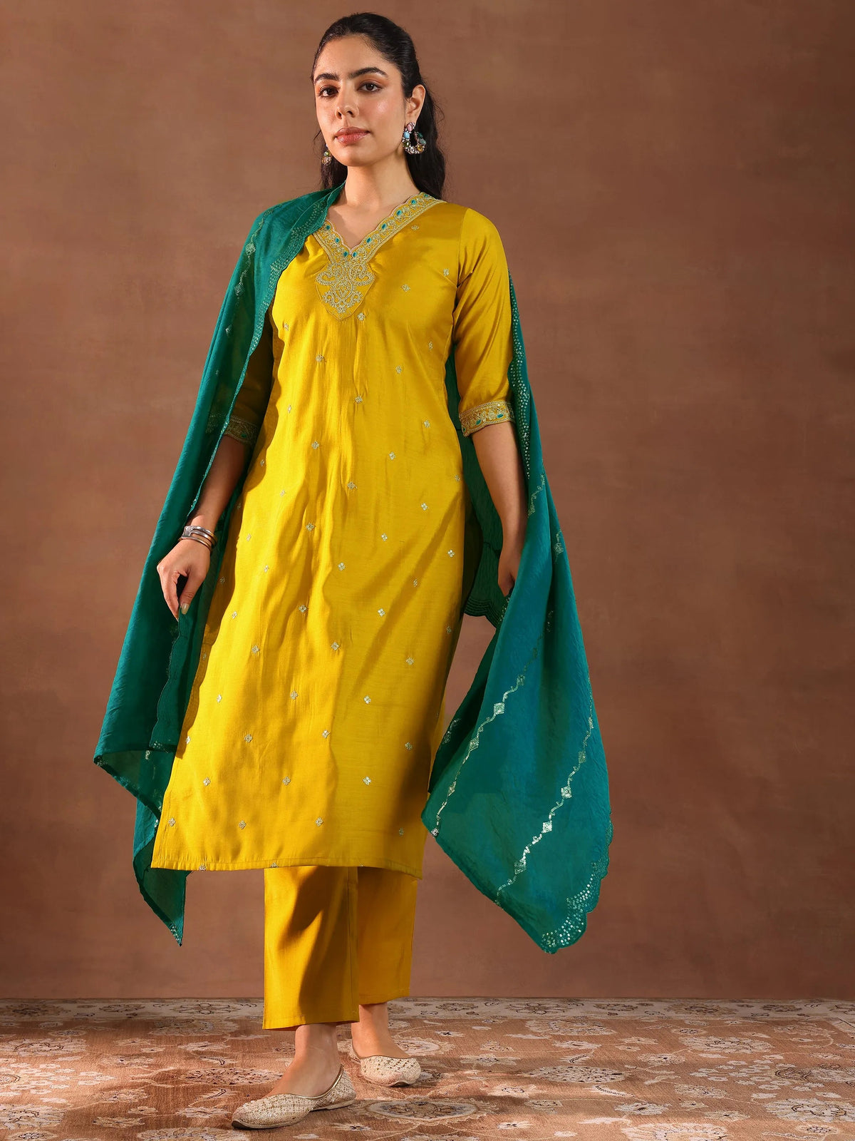 Anouk Mustard Embroidered Silk Blend Straight Suit With Dupatta