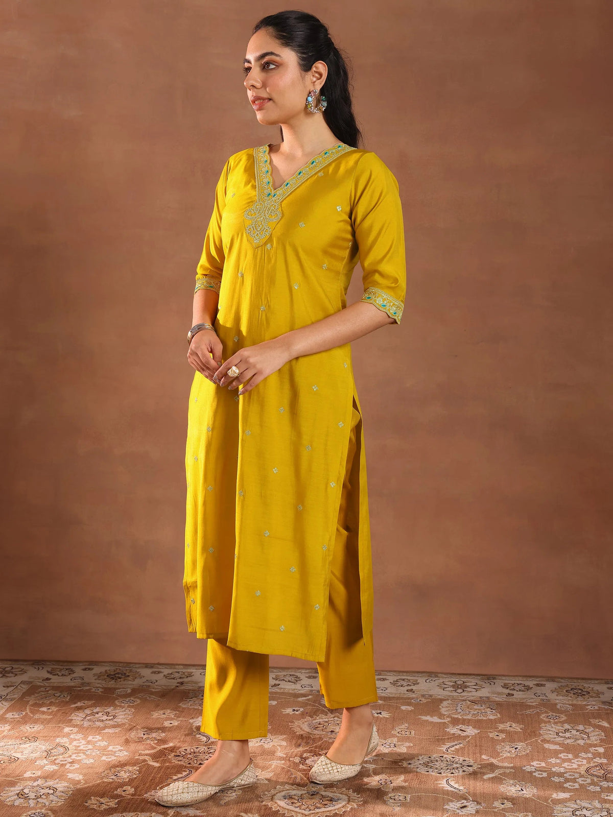 Anouk Mustard Embroidered Silk Blend Straight Suit With Dupatta