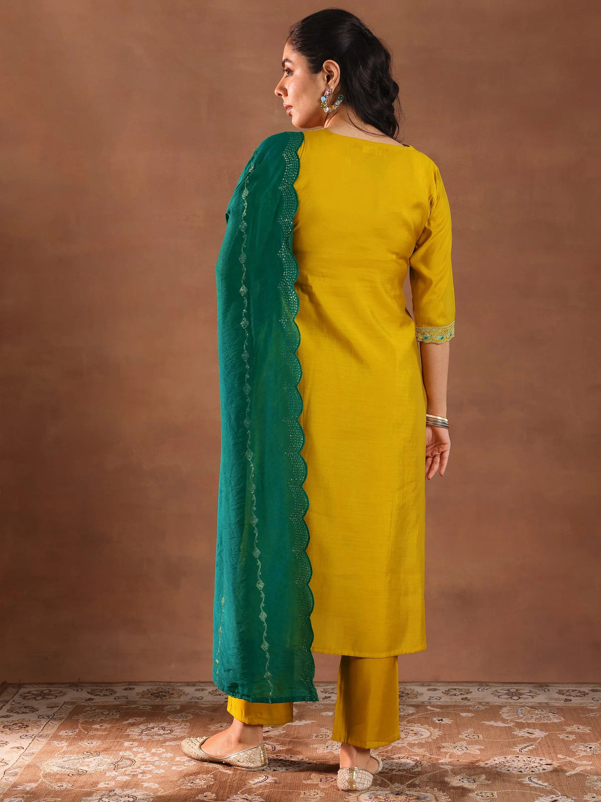 Anouk Mustard Embroidered Silk Blend Straight Suit With Dupatta