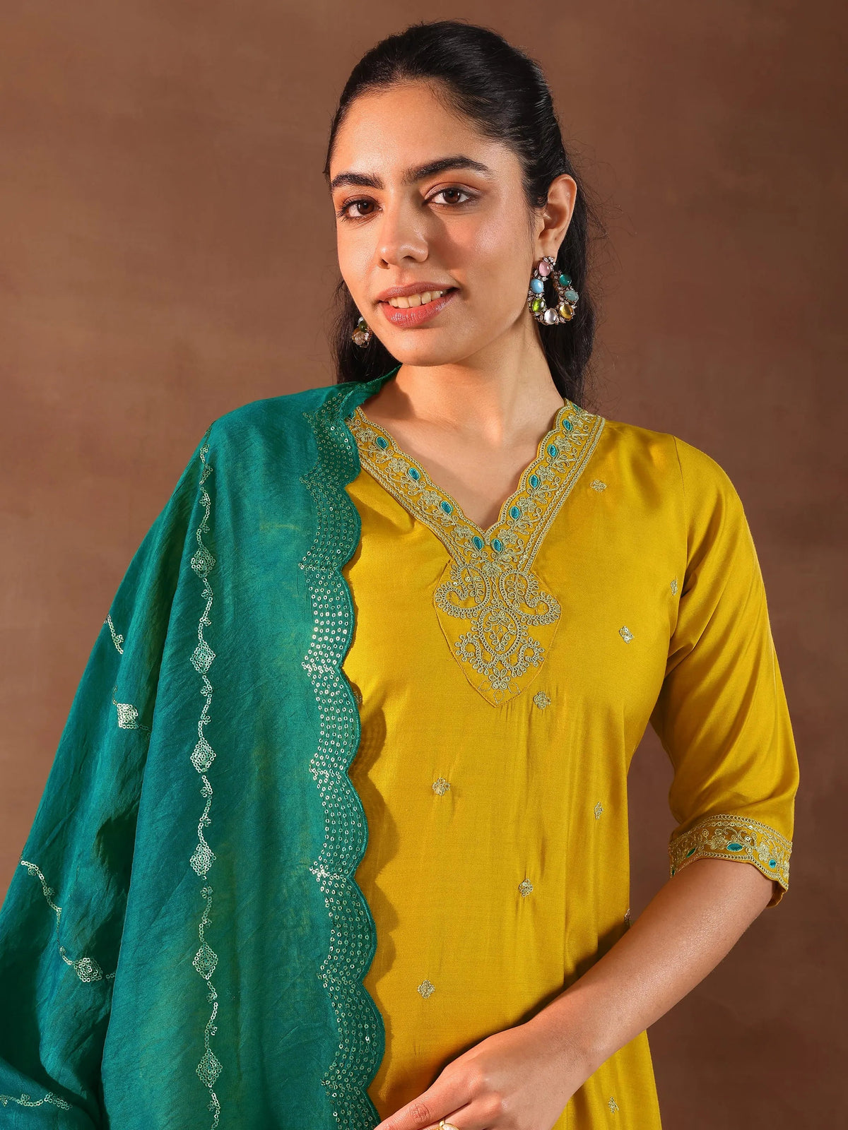 Anouk Mustard Embroidered Silk Blend Straight Suit With Dupatta