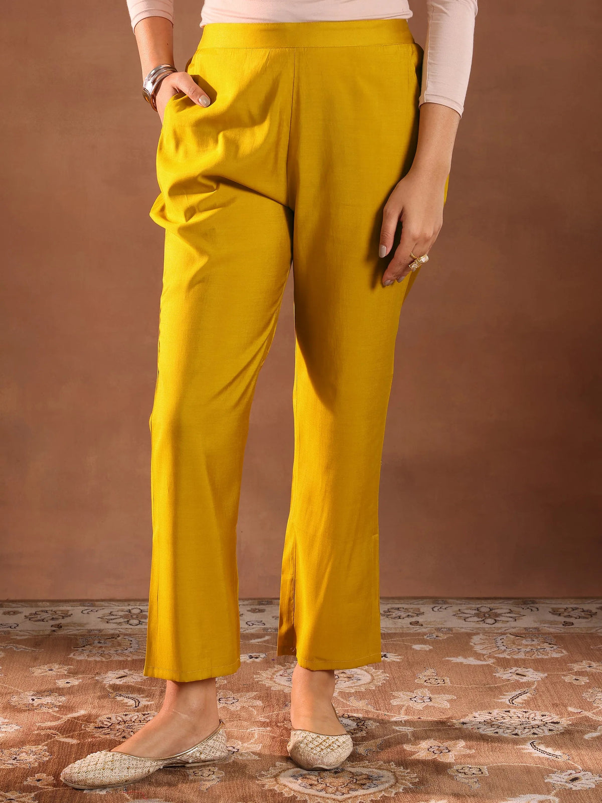 Anouk Mustard Embroidered Silk Blend Straight Suit With Dupatta