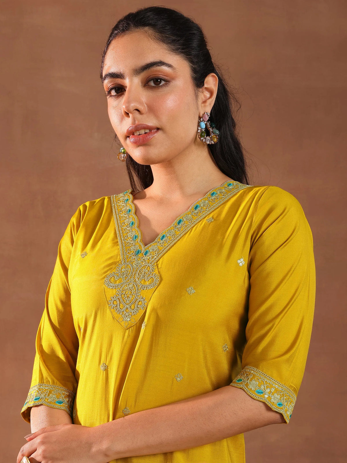 Anouk Mustard Embroidered Silk Blend Straight Suit With Dupatta