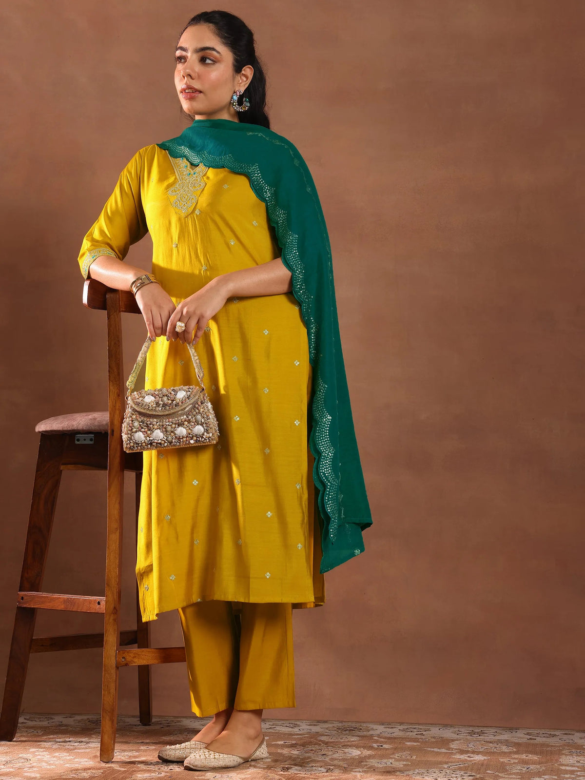 Anouk Mustard Embroidered Silk Blend Straight Suit With Dupatta