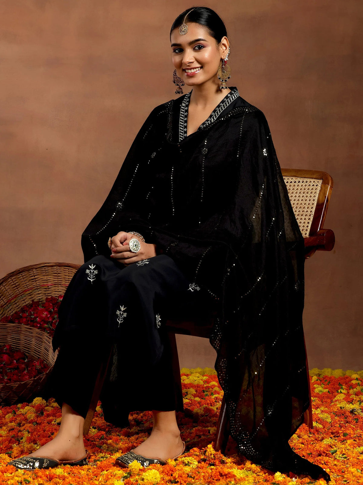 Anouk Black Embroidered Silk Blend Straight Suit With Dupatta