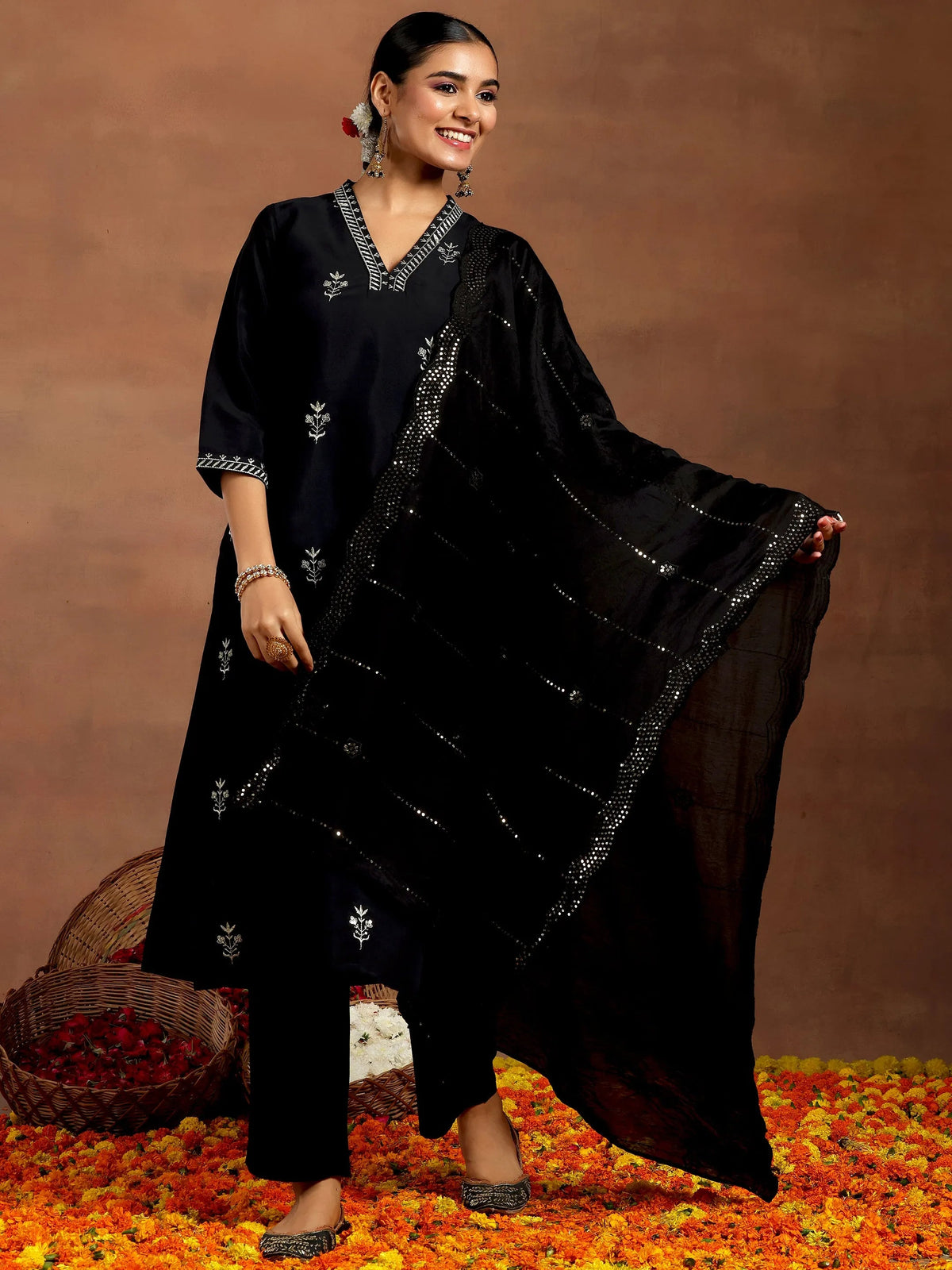 Anouk Black Embroidered Silk Blend Straight Suit With Dupatta