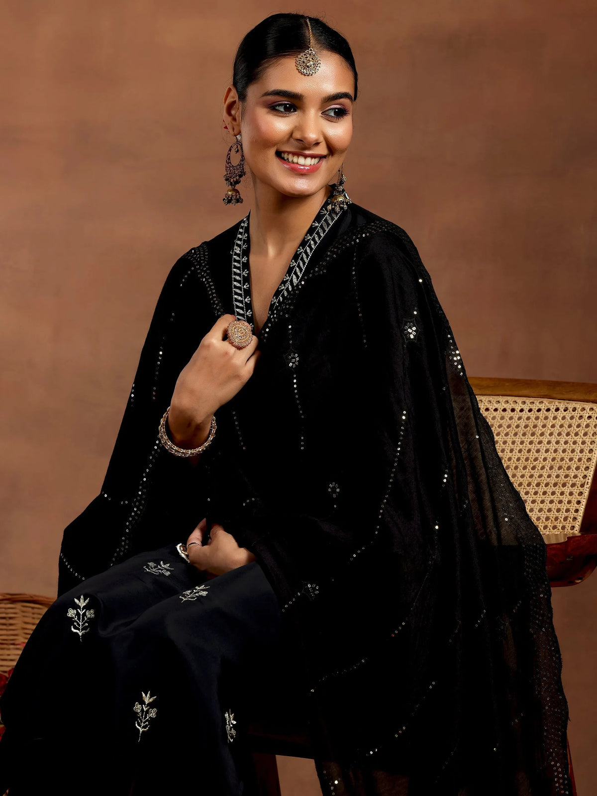 Anouk Black Embroidered Silk Blend Straight Suit With Dupatta