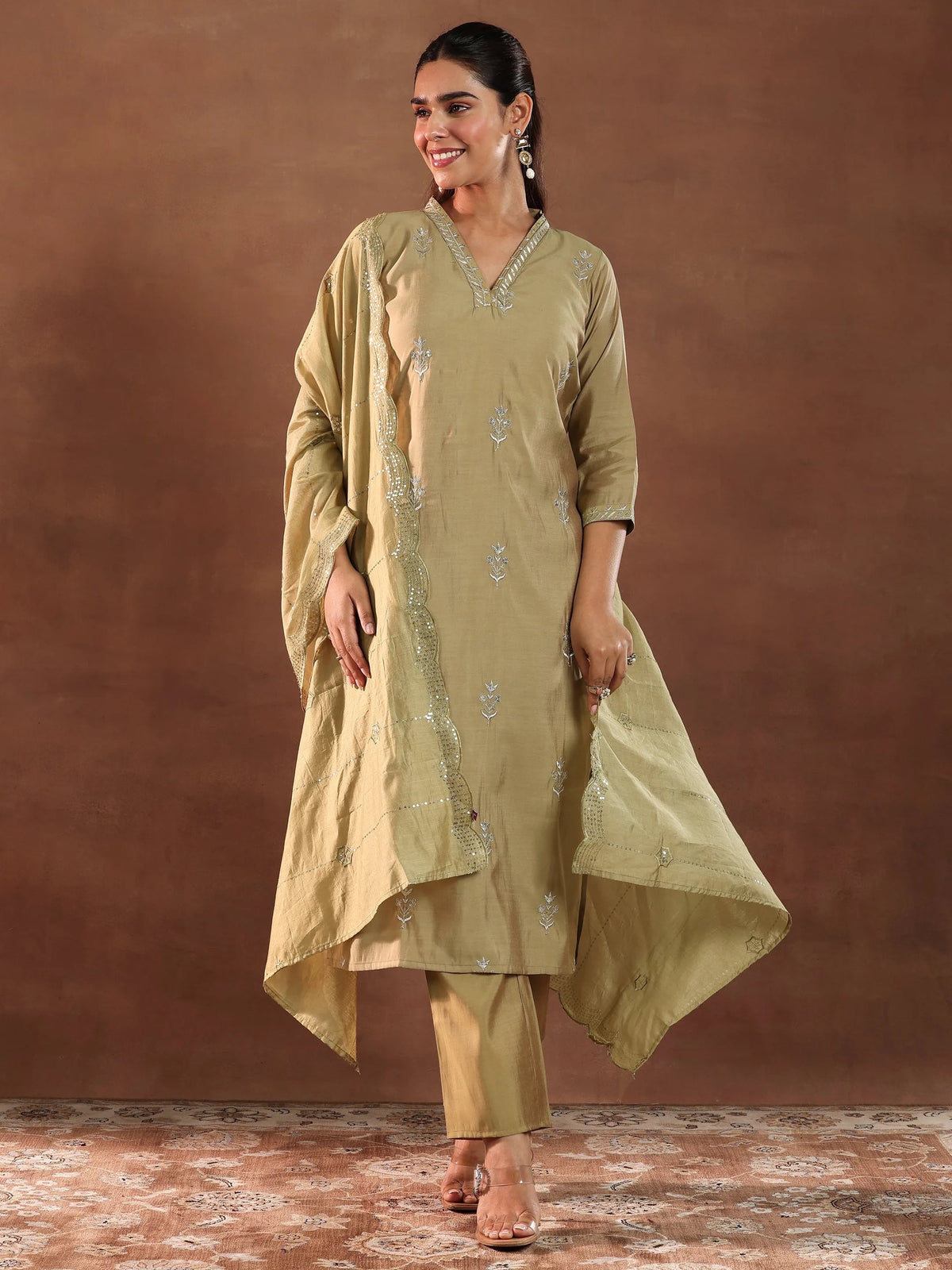Anouk Golden Embroidered Silk Blend Straight Suit With Dupatta