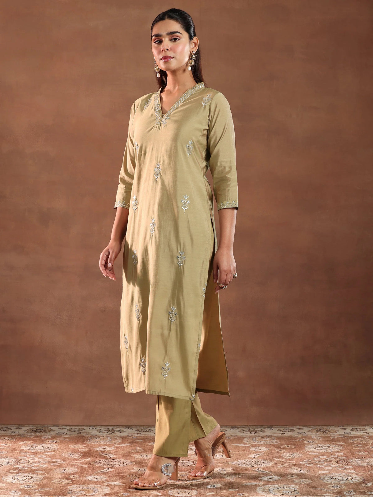 Anouk Golden Embroidered Silk Blend Straight Suit With Dupatta