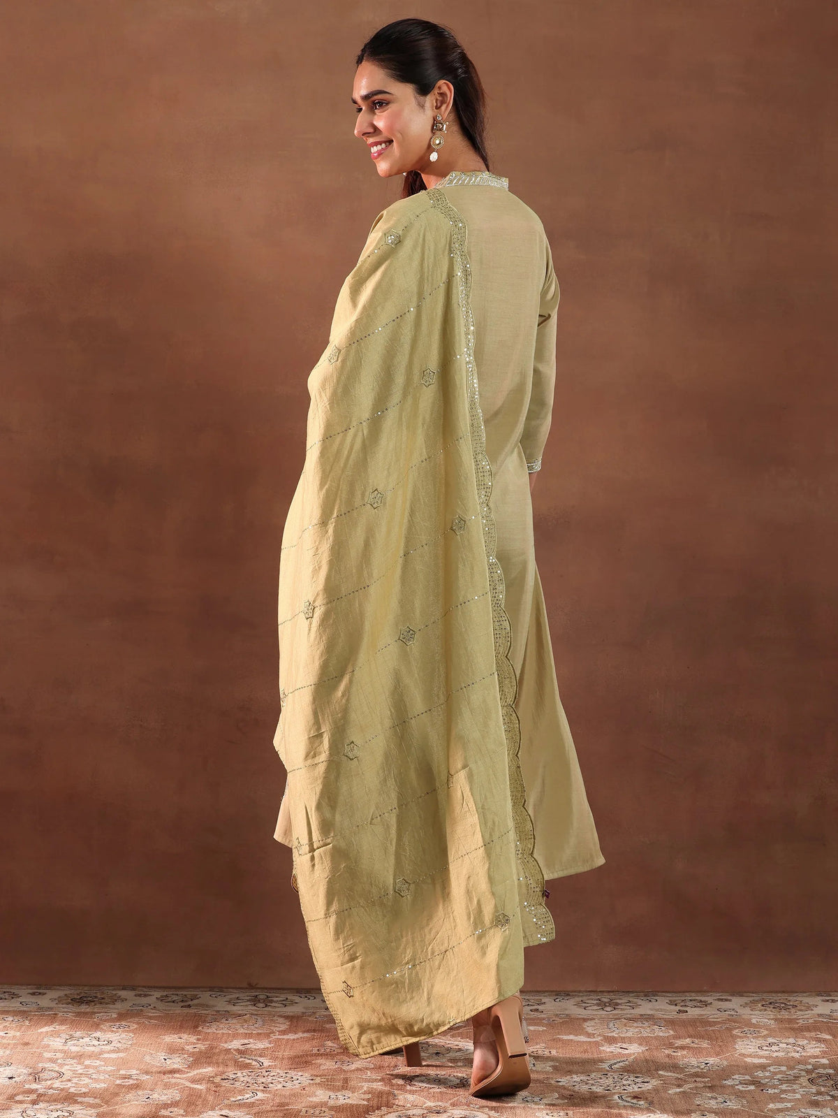 Anouk Golden Embroidered Silk Blend Straight Suit With Dupatta