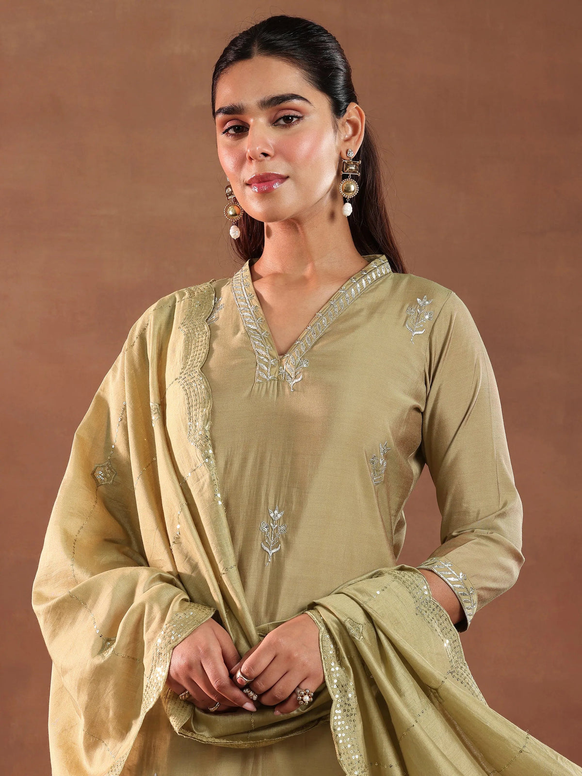 Anouk Golden Embroidered Silk Blend Straight Suit With Dupatta