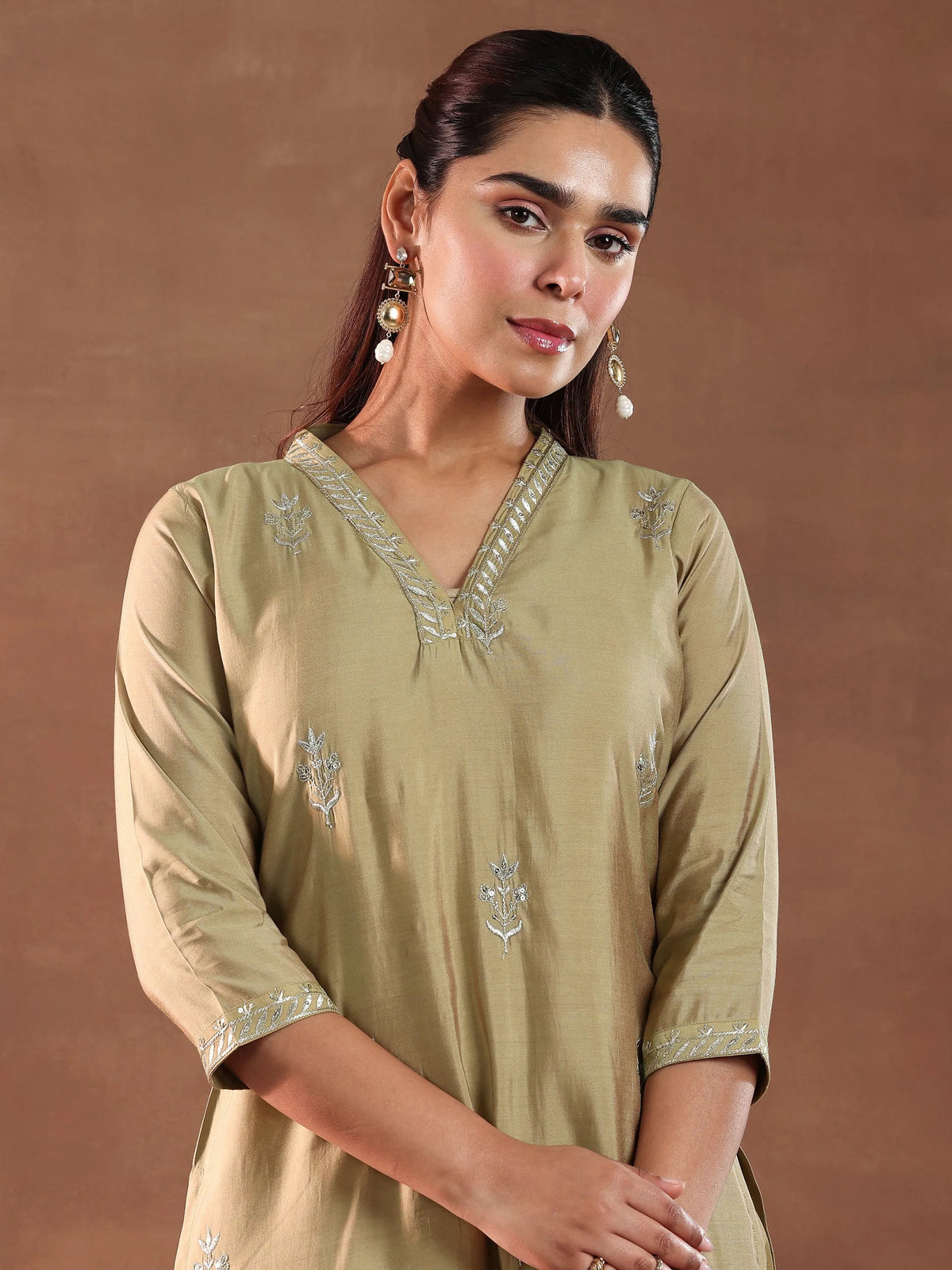 Anouk Golden Embroidered Silk Blend Straight Suit With Dupatta
