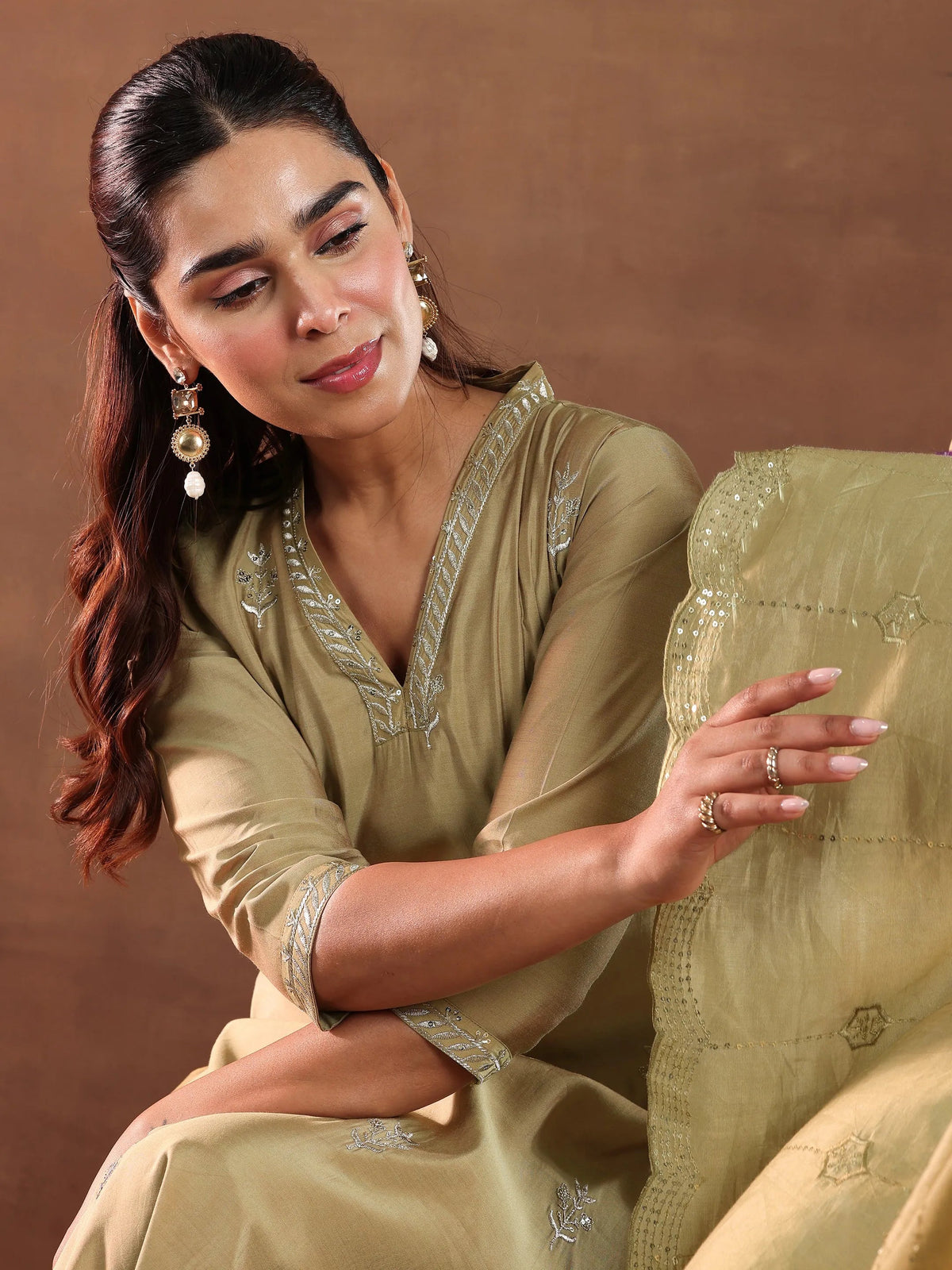Anouk Golden Embroidered Silk Blend Straight Suit With Dupatta
