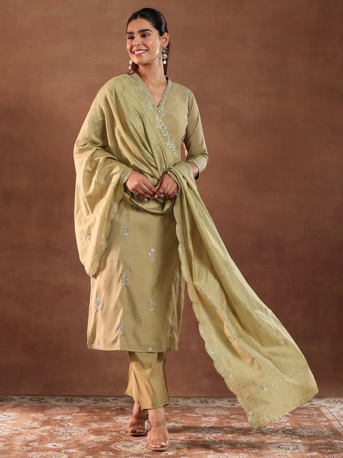 Anouk Golden Embroidered Silk Blend Straight Suit With Dupatta