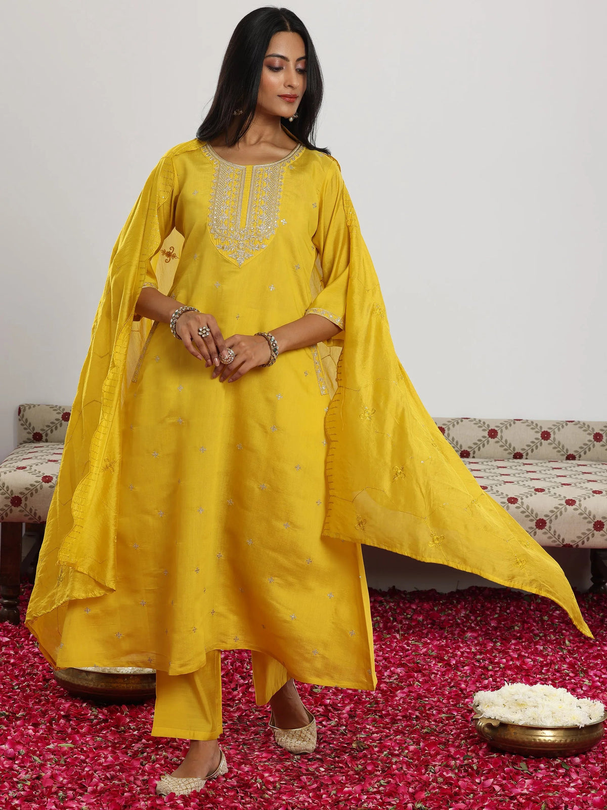 Anouk Yellow Embroidered Silk Blend Straight Suit With Dupatta