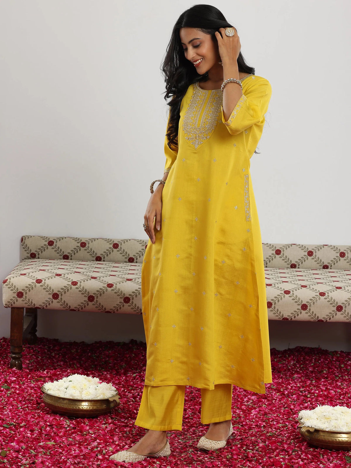 Anouk Yellow Embroidered Silk Blend Straight Suit With Dupatta