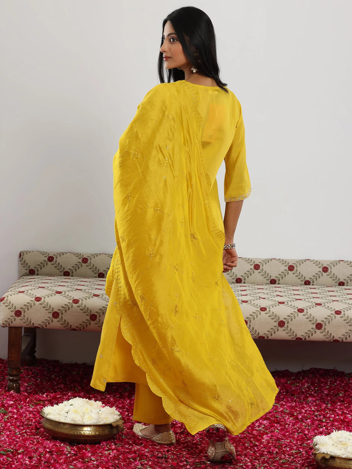 Anouk Yellow Embroidered Silk Blend Straight Suit With Dupatta