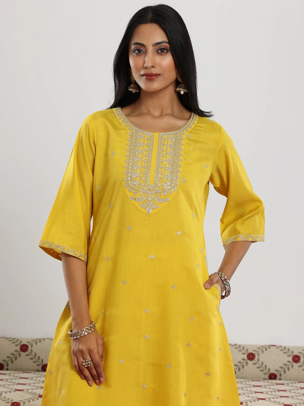 Anouk Yellow Embroidered Silk Blend Straight Suit With Dupatta