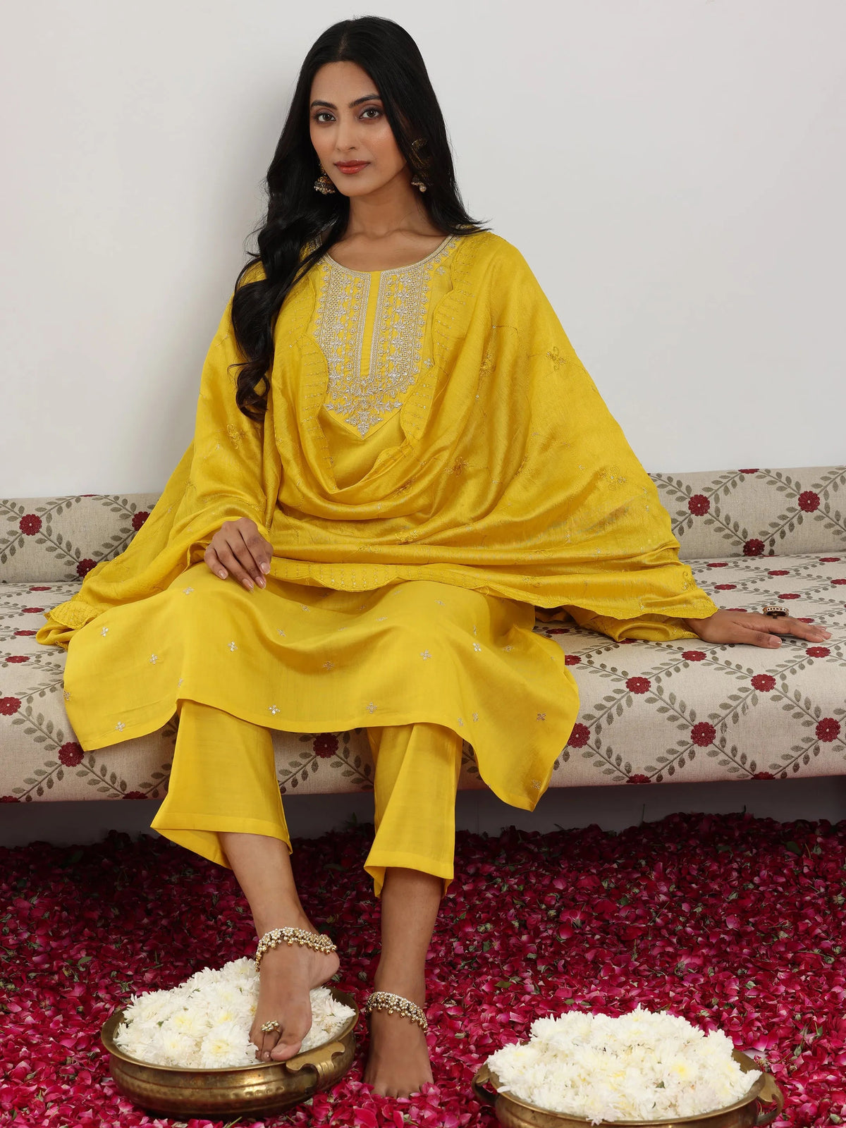 Anouk Yellow Embroidered Silk Blend Straight Suit With Dupatta