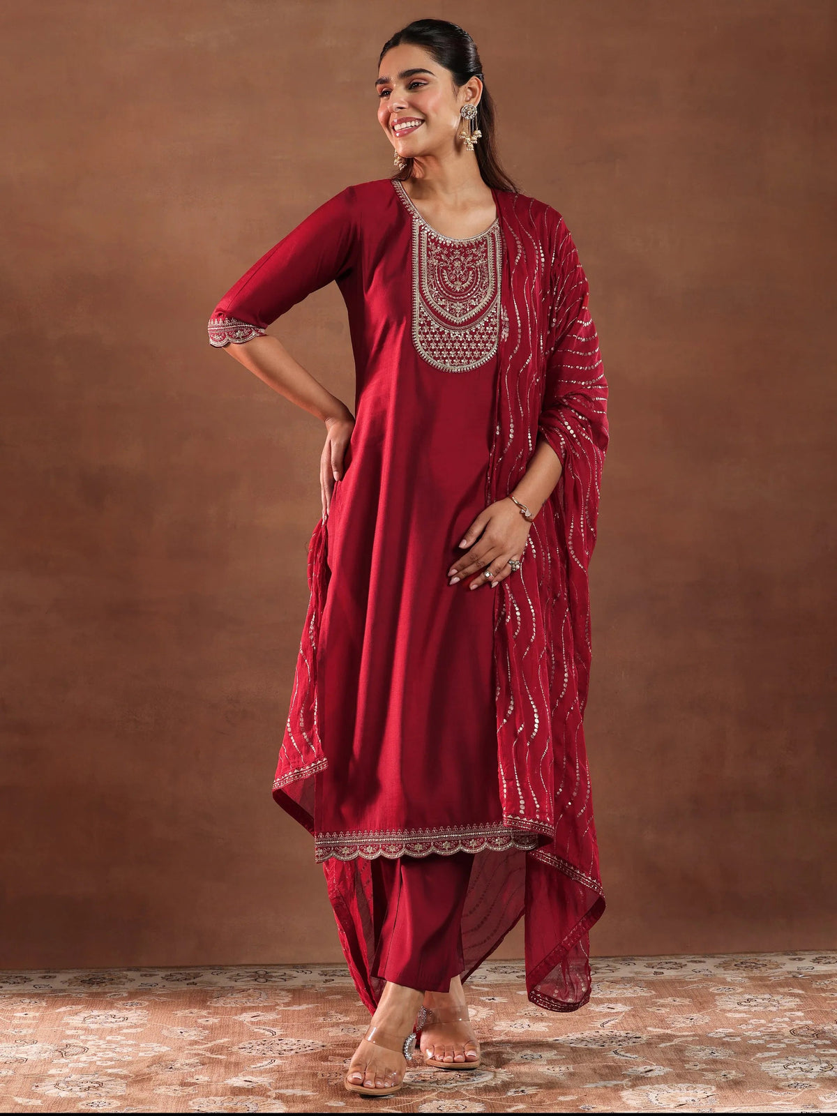 Anouk Red Yoke Design Silk Blend Straight Suit With Dupatta-color check