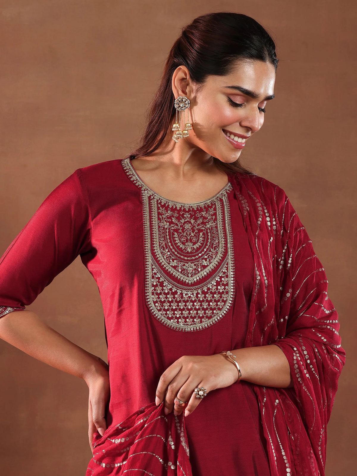 Anouk Red Yoke Design Silk Blend Straight Suit With Dupatta-color check