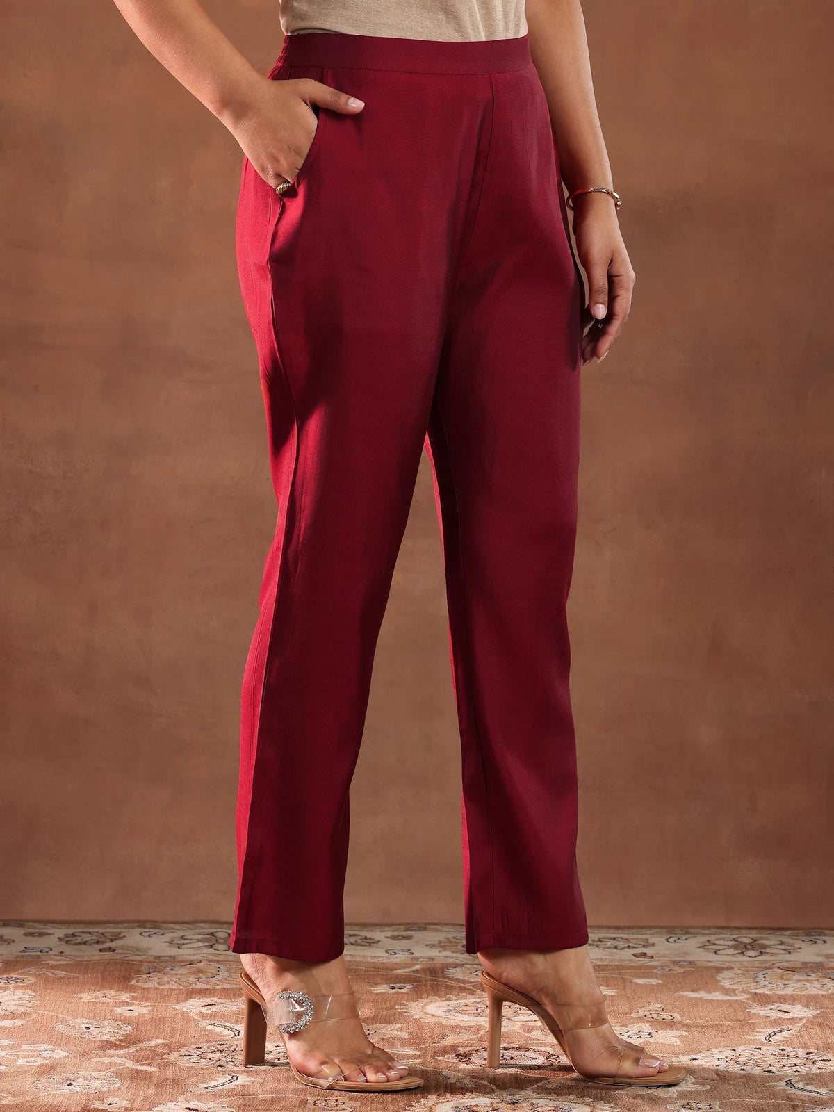 Anouk Red Yoke Design Silk Blend Straight Suit With Dupatta-color check