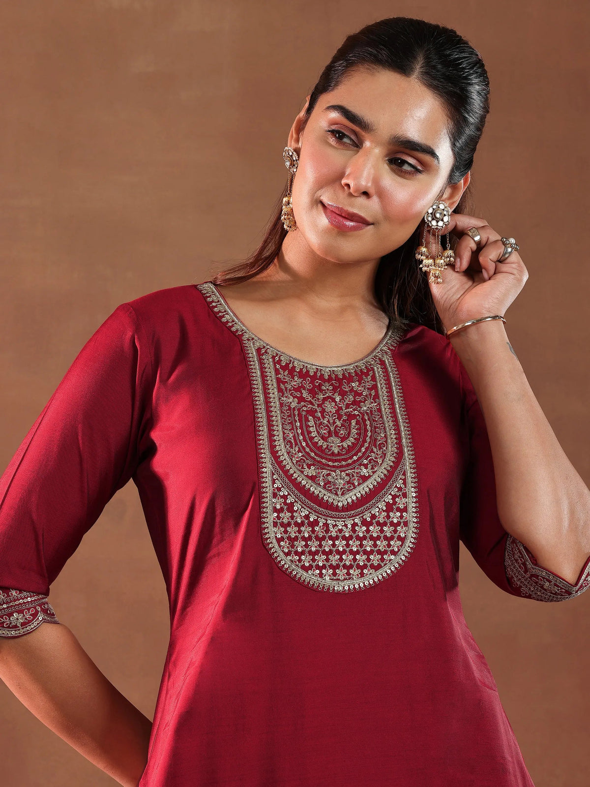 Anouk Red Yoke Design Silk Blend Straight Suit With Dupatta-color check