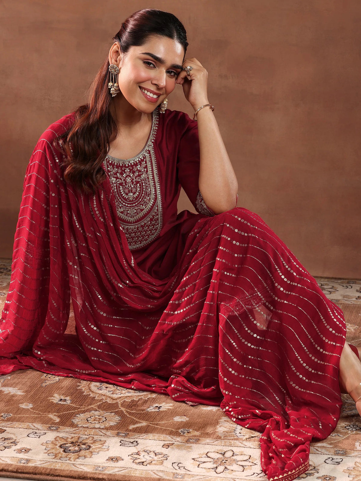 Anouk Red Yoke Design Silk Blend Straight Suit With Dupatta-color check
