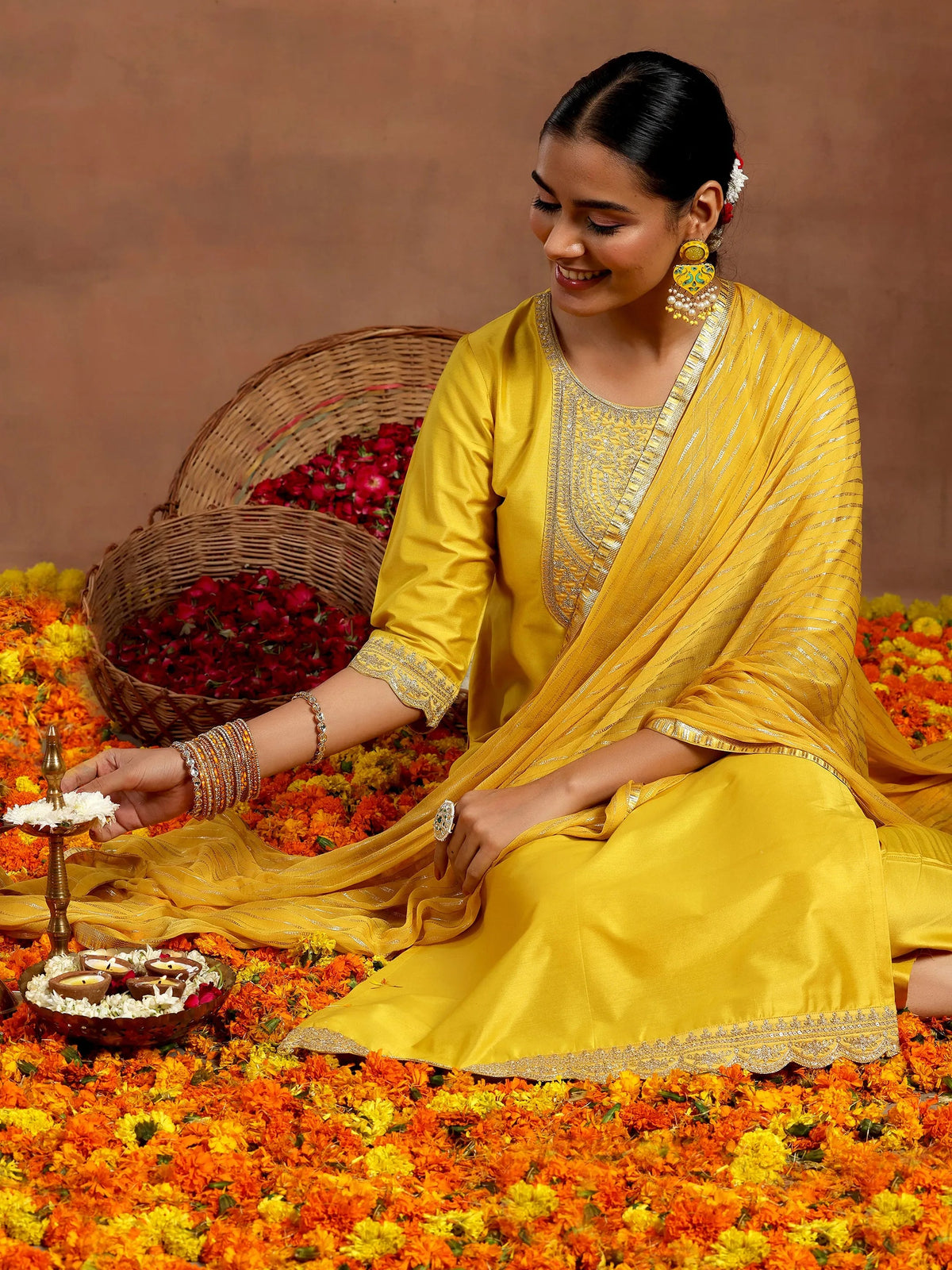 Anouk Yellow Yoke Design Silk Blend Straight Suit With Dupatta