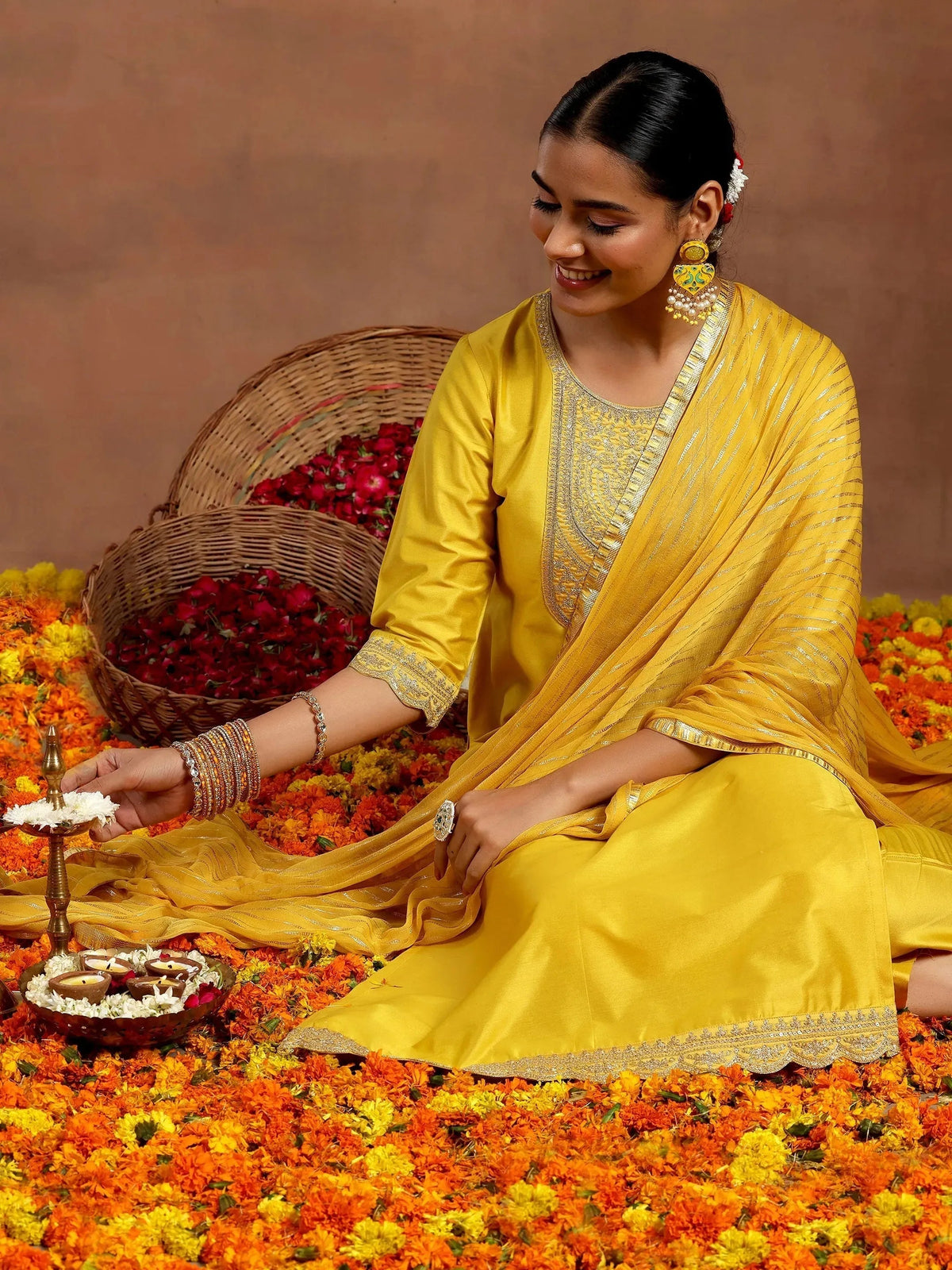 Anouk Yellow Yoke Design Silk Blend Straight Suit With Dupatta