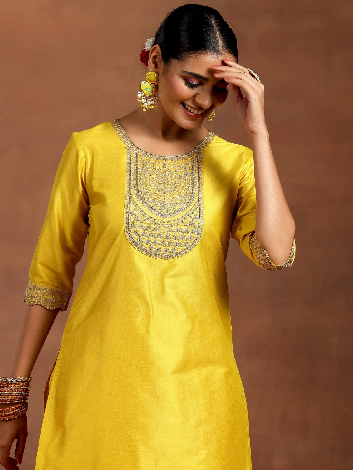 Anouk Yellow Yoke Design Silk Blend Straight Suit With Dupatta