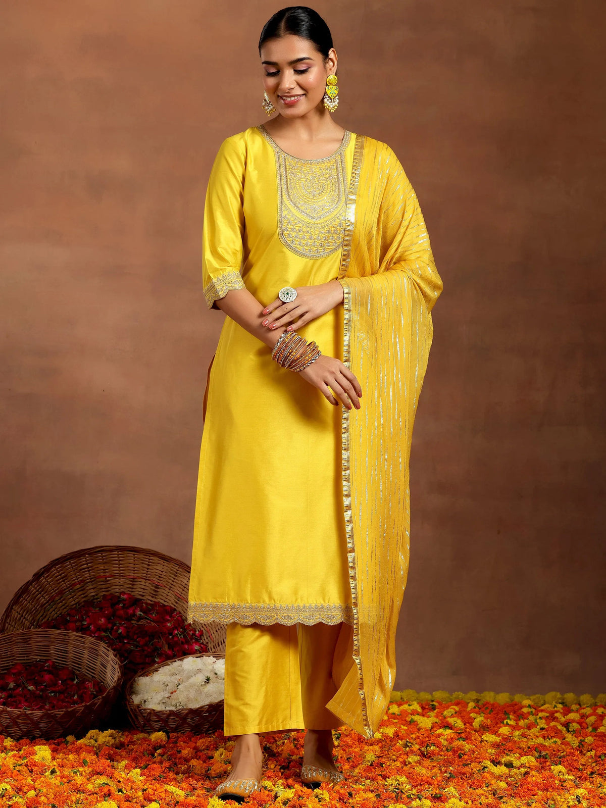 Anouk Yellow Yoke Design Silk Blend Straight Suit With Dupatta