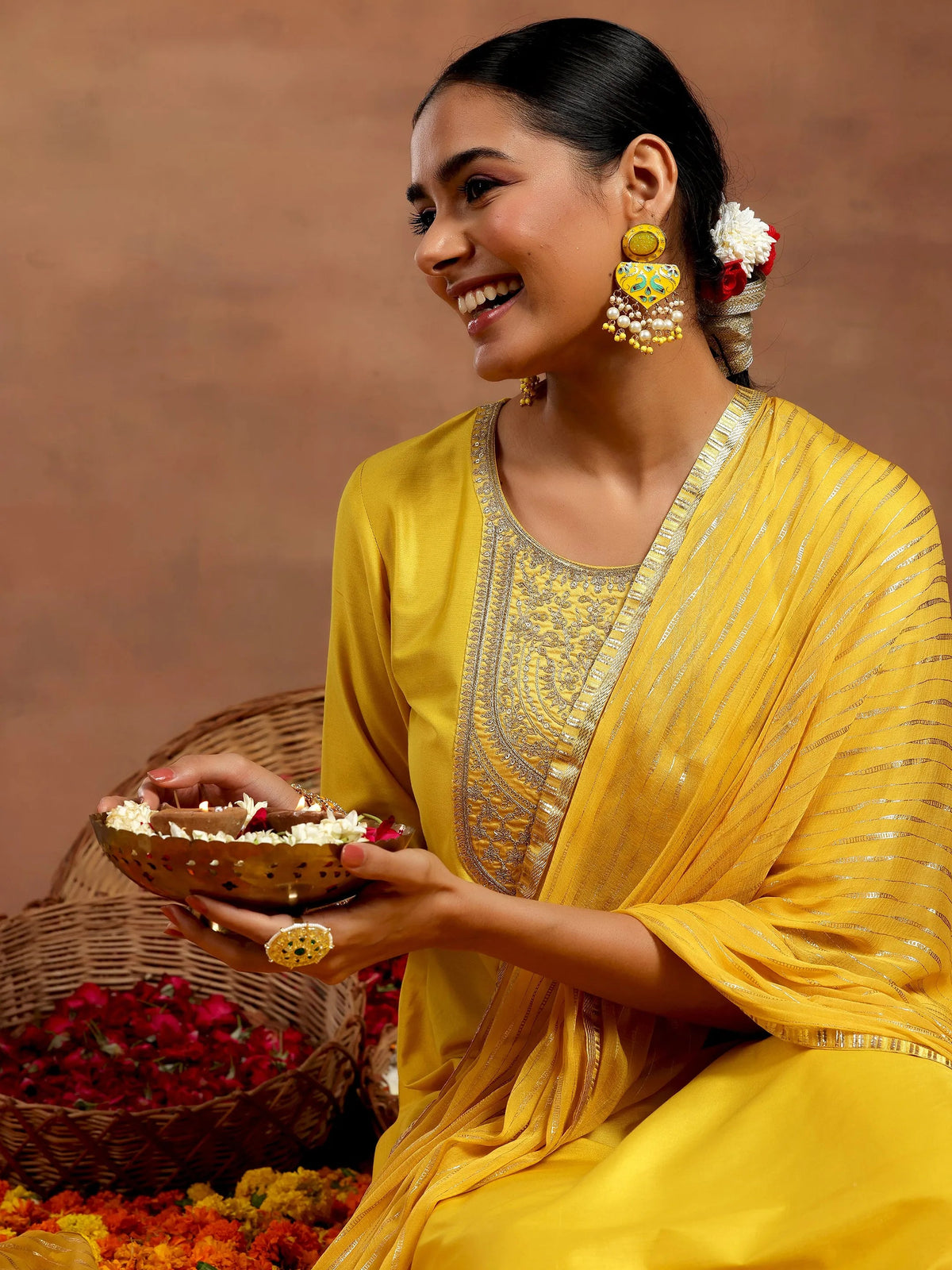 Anouk Yellow Yoke Design Silk Blend Straight Suit With Dupatta