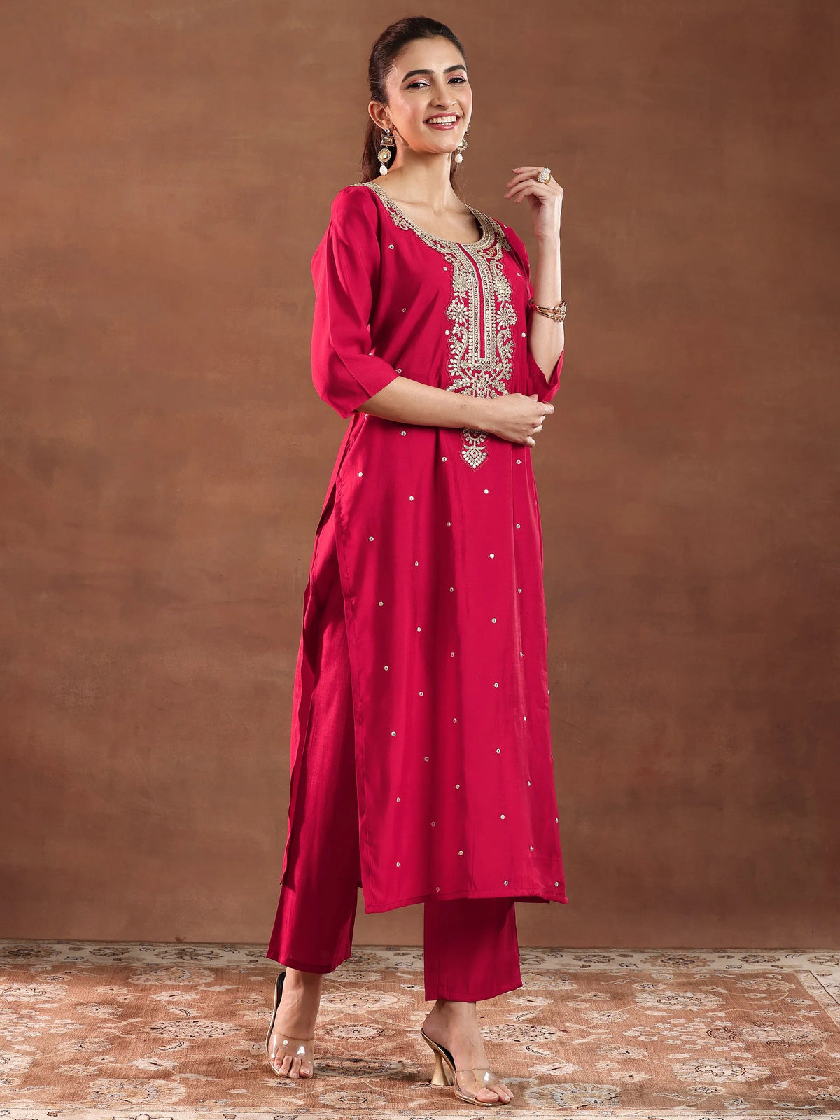 Anouk Red Embroidered Silk Blend Straight Suit With Dupatta-color issye