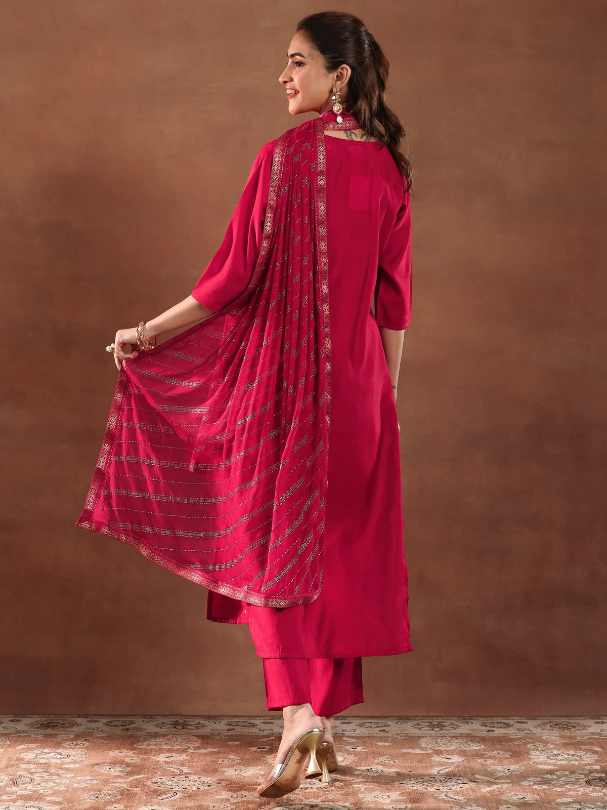Anouk Red Embroidered Silk Blend Straight Suit With Dupatta-color issye