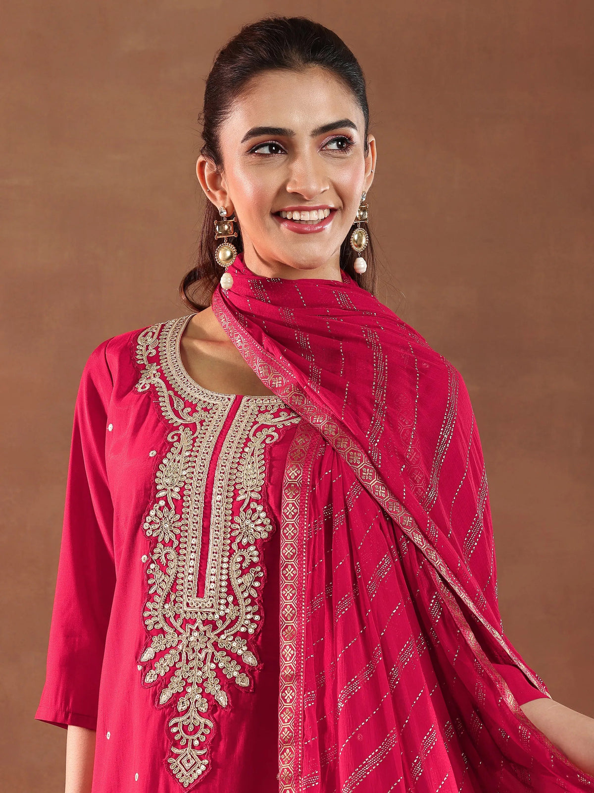 Anouk Red Embroidered Silk Blend Straight Suit With Dupatta-color issye