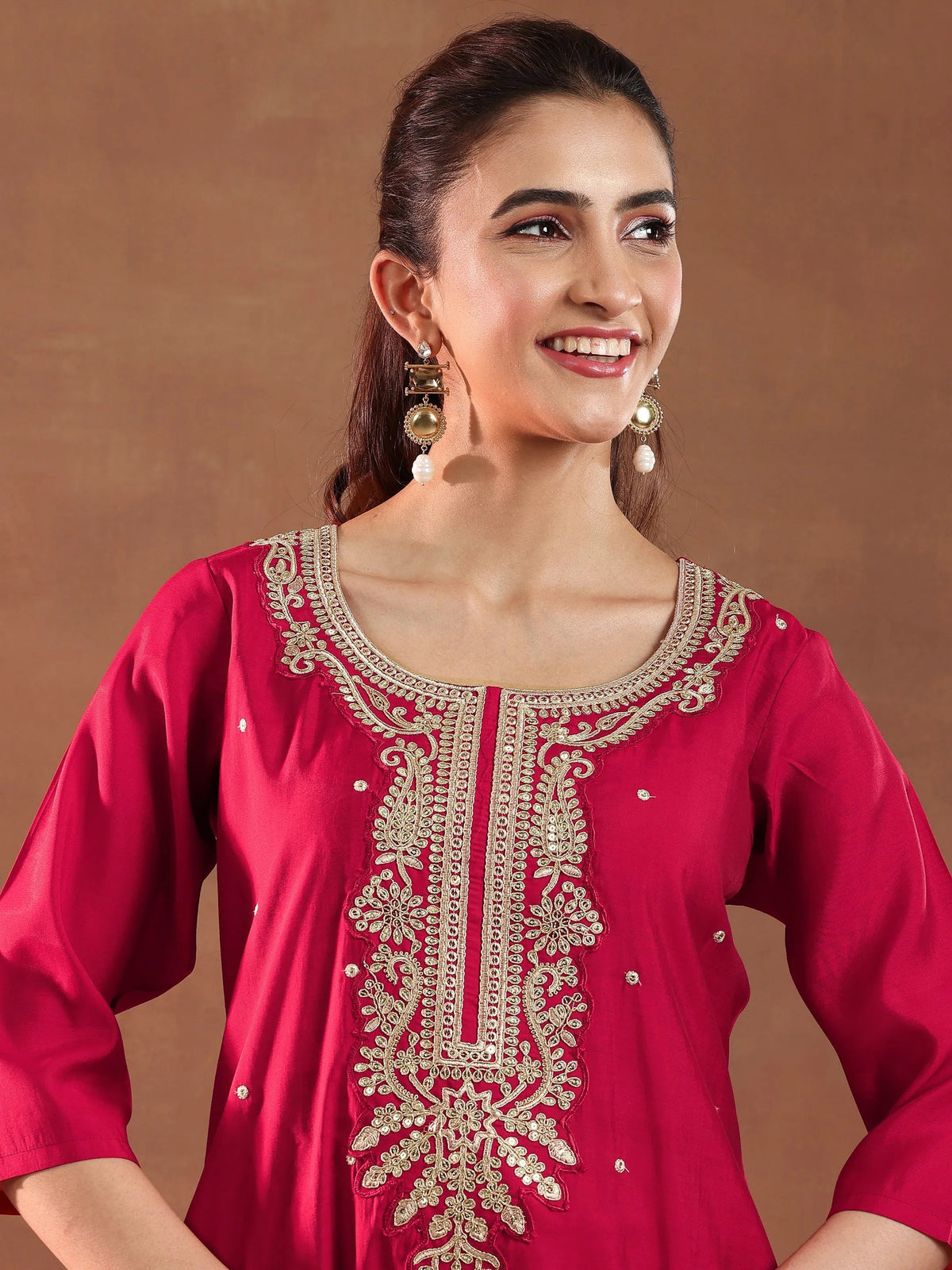 Anouk Red Embroidered Silk Blend Straight Suit With Dupatta-color issye