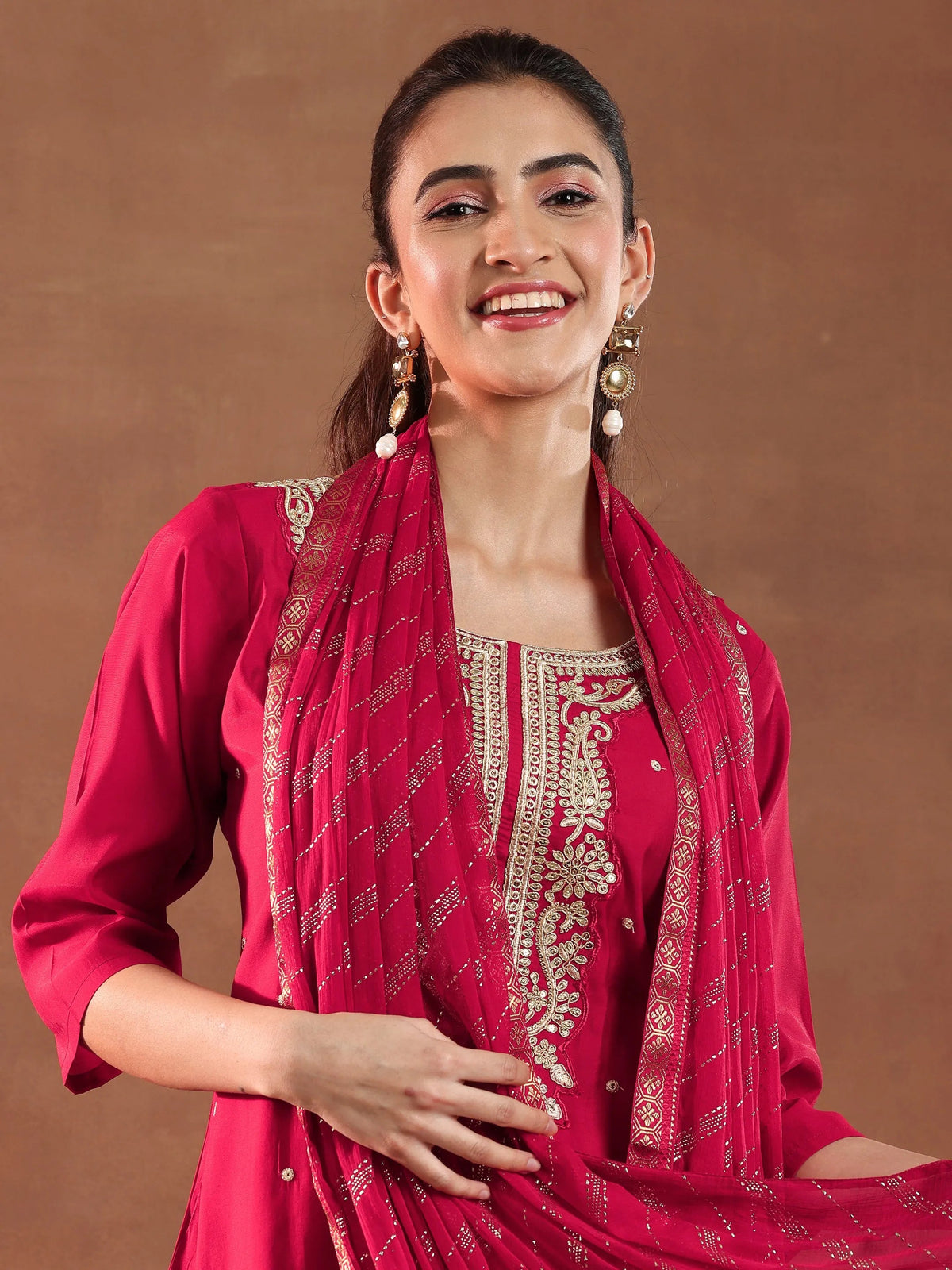 Anouk Red Embroidered Silk Blend Straight Suit With Dupatta-color issye