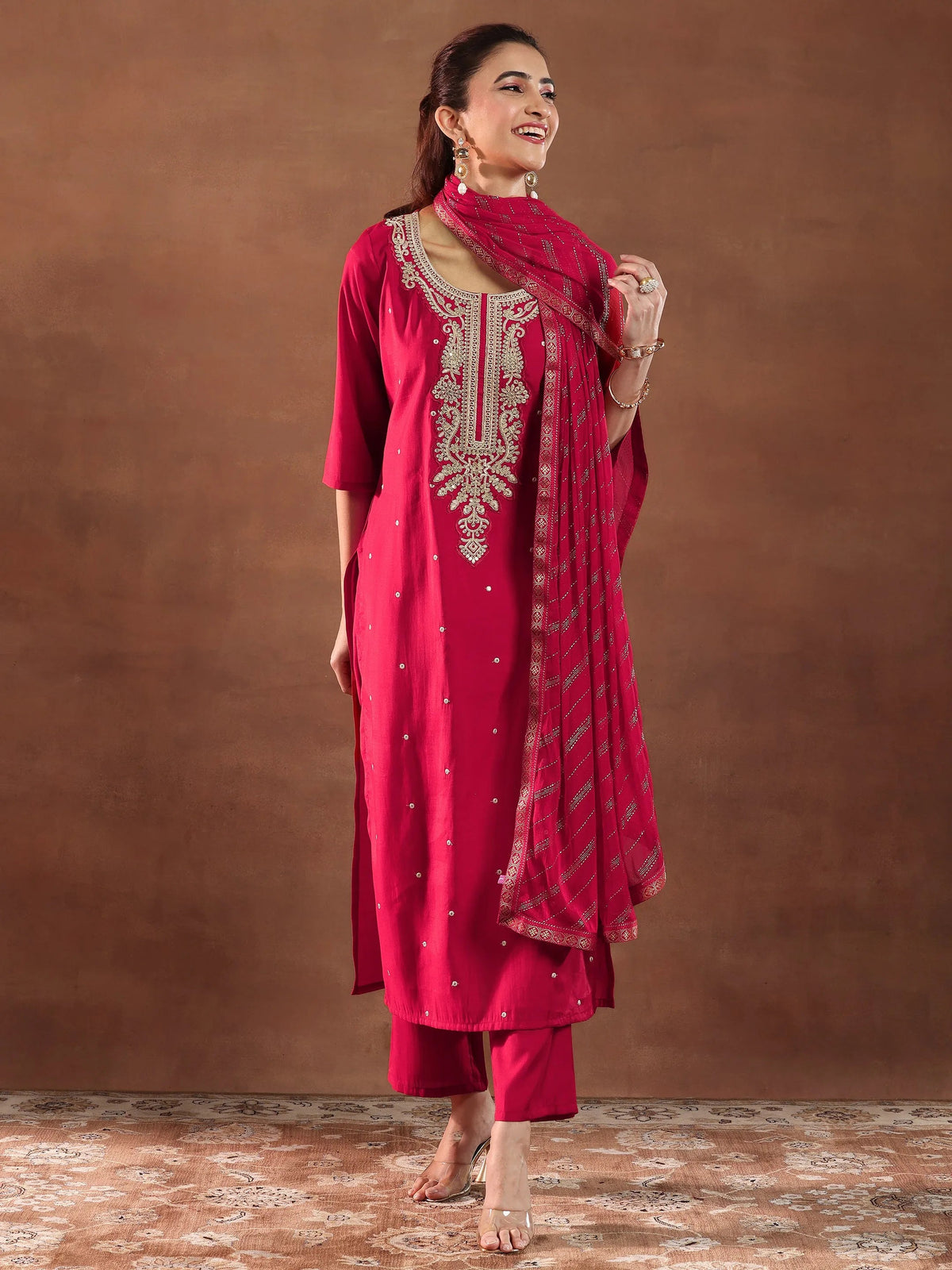 Anouk Red Embroidered Silk Blend Straight Suit With Dupatta-color issye