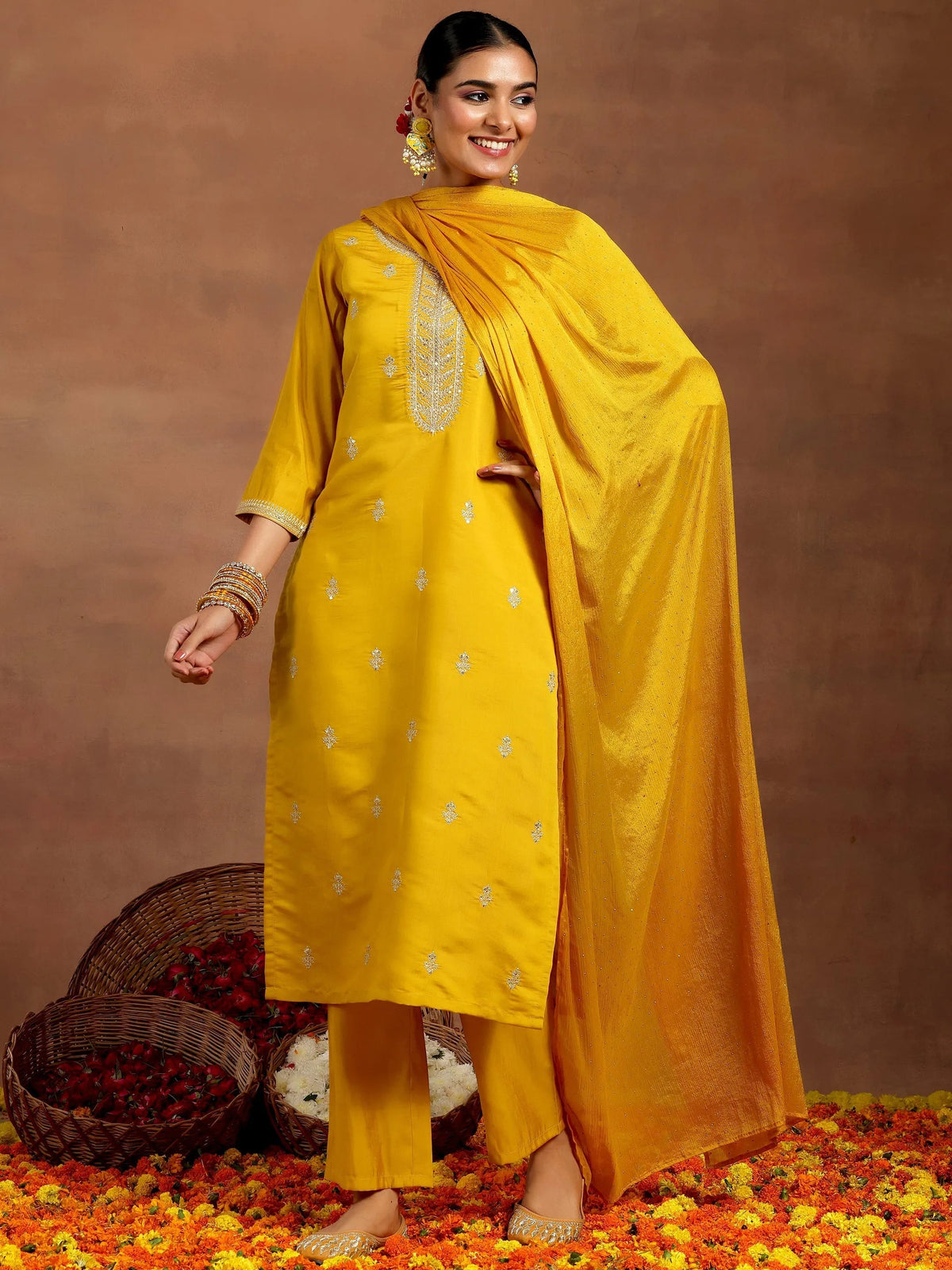 Anouk Mustard Embroidered Silk Blend Straight Suit With Dupatta