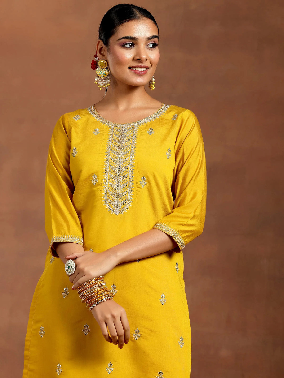 Anouk Mustard Embroidered Silk Blend Straight Suit With Dupatta