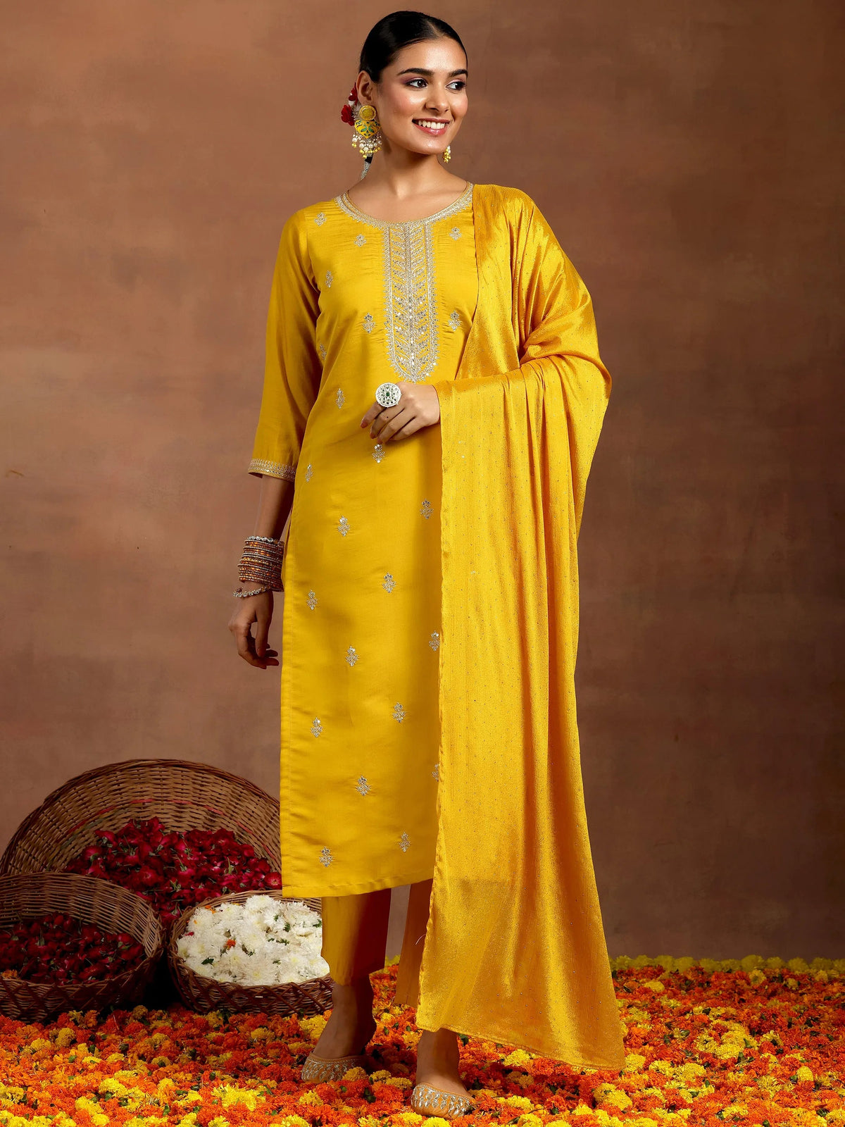 Anouk Mustard Embroidered Silk Blend Straight Suit With Dupatta